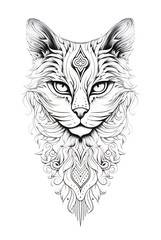 Abstract cat tattoo in black and white line art style. Abstract geometric pattern. Doodle illustration. Hand drawn vintage design. Geometric shape and Ink art. 