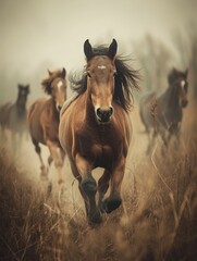 Majestic horses galloping through a golden field, one leading with intense gaze, others blurred in motion.