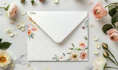 "Elegant Floral Envelope: White Stationery Surrounded by Pink and White Roses"