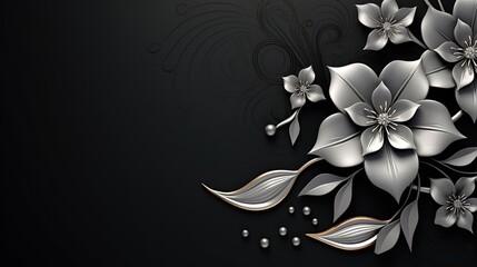 3d silver flower blooms on a dark background. Sleek floral Silver Accents On Opulent Black Texture Background. Space for add text.