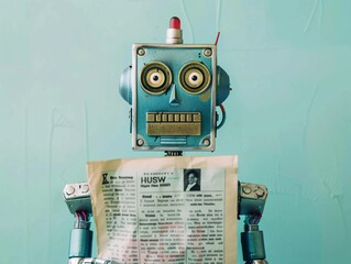 a robot holding a newspaper