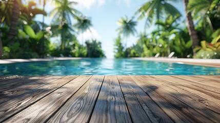 a hyper-realistic, minimalist image of an empty wooden deck with a tropical swimming pool in the background, evoking summer vibes