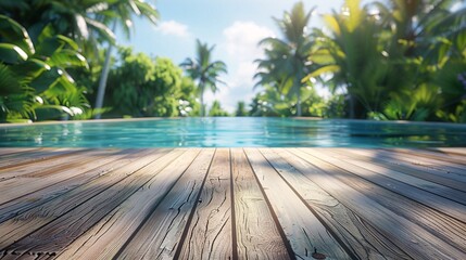 a hyper-realistic, minimalist image of an empty wooden deck with a tropical swimming pool in the...