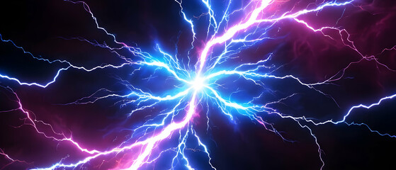 Electrical Synapse. Plasma Sparks. Vibrant Blue and Pink Lightning Energy. Dynamic Electricity. - obrazy, fototapety, plakaty