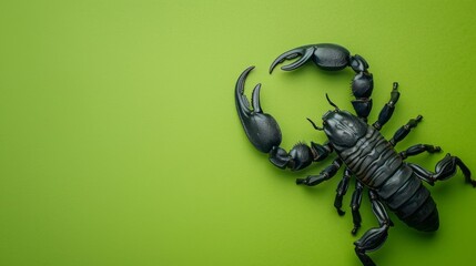 Black scorpion on a green background. Dangerous insect. Sting with poison. - obrazy, fototapety, plakaty