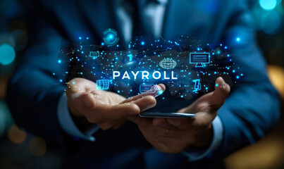Professional Holding Virtual Interface with Payroll and Financial Icons, Concept of Modern Payroll Management Systems