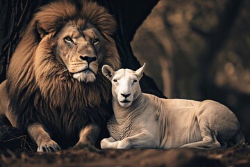 a lion and a sheep lying down