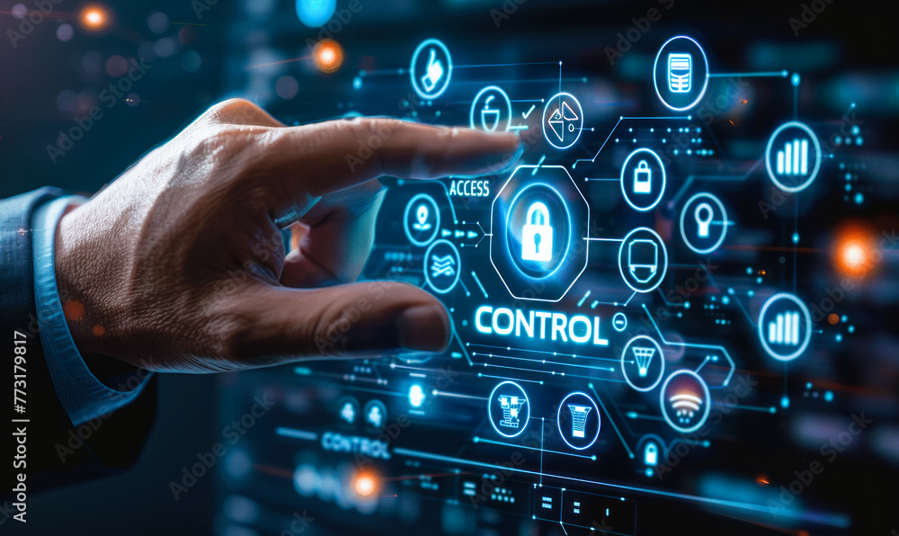 Poster corporate security manager interacting with virtual interface focused on access control surrounded b