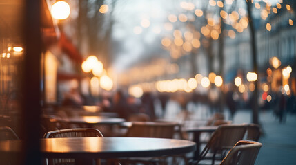 Unfocused cafes, buildings and people. Natural bokeh of city centre view, blurred out of focus background.