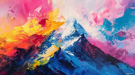 an abstract acrylic painting of Mont Blanc mountain with a mountaineer battling a storm, featuring bold strokes and vibrant colors - obrazy, fototapety, plakaty