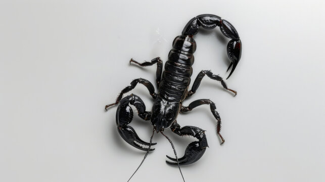 Black scorpion on a white background. Dangerous insect. Sting with poison.