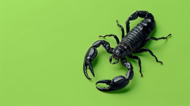 Black scorpion on a green background. Dangerous insect. Sting with poison.