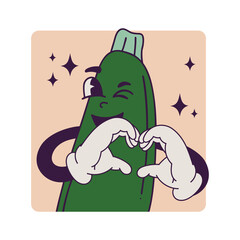 Vector square patch sticker poster with portrait of friendly winking zucchini with folded heart symbol - 773180204