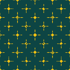 Vector, seamless, geometric, classic, symmetrical, modern style dark pattern. Yellow rhombus stars on a dark green background.