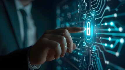 Closeup of a hand touching a button with a digital padlock icon on a hologram screen, depicting the concept of security and cyber safety for business technology or data protection.