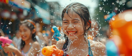 candid Asian people are using water guns play songkran festival in the summer april - obrazy, fototapety, plakaty
