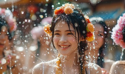 Young happy beauty Asian woman with friends wearing Thai tradstional wear plashing water during Water Songkran festival ,Thailand traditional