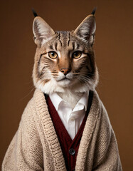 Lynx face, wearing in a cardigan and shirt for a photo shoot on a chestnut, gray plain background, in an ultra-detailed style. - 773181261