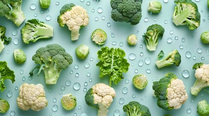 Broccoli and cauliflower on a blue surface - obrazy, fototapety, plakaty