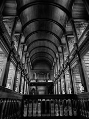Intérieur en noir et blanc d'une grande bibliothèque