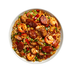 top view plates with Jambalaya  on Transparent Background. Ai generated