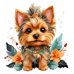 Watercolor illustration portrait of a cute adorable yorkshire terrier dog with flowers on isolated white background.	
