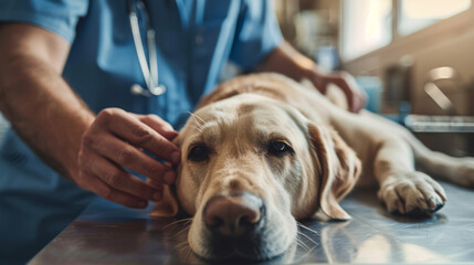 Labrador at vet clinic. The  veterrinarian examinated a dog on the table. Vet giving a dog a check up. Health care and prevention in hospital.  - obrazy, fototapety, plakaty