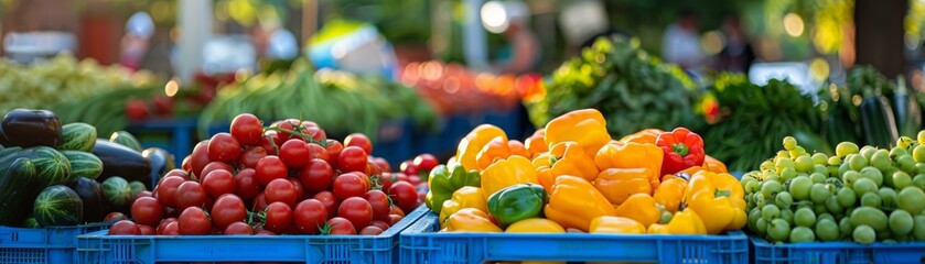 A bustling farmers market with fresh produce colorful stalls