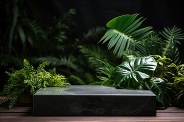 Product display. empty marble podium display stand for product display with green foliage.