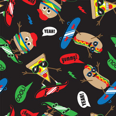 Cartoon Burger, pizza and hotdog skateboarding in cap and sunglasses. Seamless pattern on black background. Vector illustration.