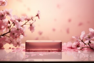 Obraz na płótnie Canvas Product display podium with pink floral background.