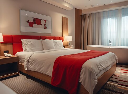Beautiful king size bed with white and red cover in a modern hotel room, with a bathtub on the right side of the picture