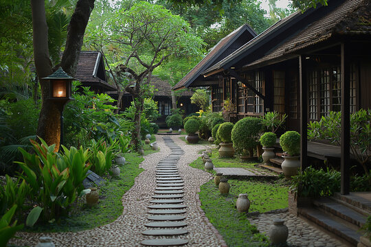 The created image combines the tranquility and architectural beauty of a traditional resort. Surrounded by lush nature. wood and stone structures Reflecting modern Asian feelings	
