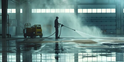 Worker in industrial building using spray cleaner for surface cleaning Professional cleaning service for industrial enterprises. Concept Industrial Cleaning, Surface Cleaning, Spray Cleaner