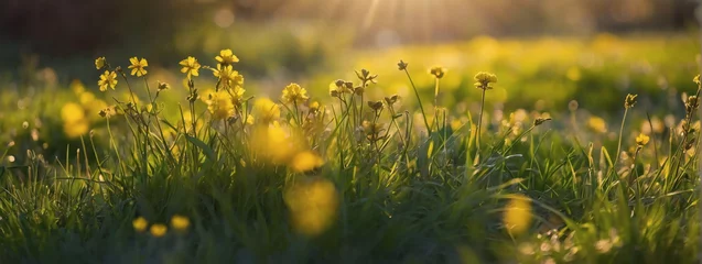 Poster Im Rahmen A picturesque springtime landscape featuring fresh, verdant grass and a riot of yellow blooms, illuminated by the gentle rays of the morning sun. © xKas