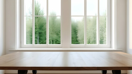 Empty white wood table with large spring window