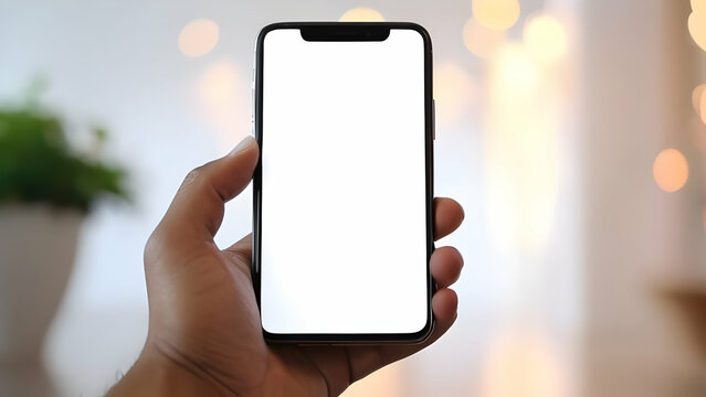 Hand holding smartphone with blank white screen with blurred background