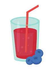 Berry cocktail in glass with straw. Fresh juice. Blueberries summer drink. Vector illustration.