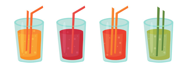 Fruit cocktails in glasses with straws. Set Fresh summer drink. Vector illustration.