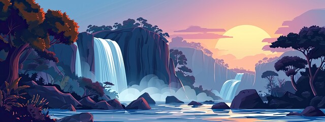 Beautiful sunrise scene on the waterfall. AI illustration