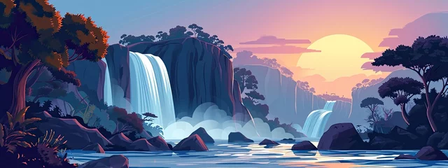 Poster Beautiful sunrise scene on the waterfall. AI illustration © Александр Alexander