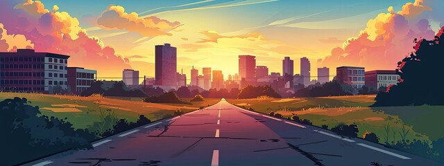 asphalt road in a modern city skyline with buildings, set against the backdrop of a vibrant sunset