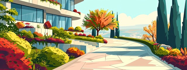 Landscape of garden in contemporary style. AI illustration - obrazy, fototapety, plakaty