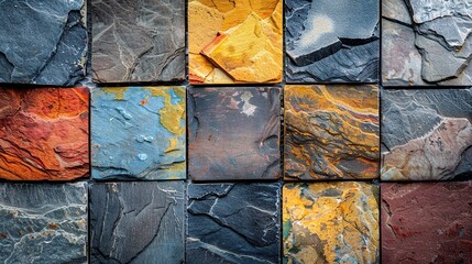 Stone tiles exploring the textures of colored stones background. Wall stone tile design, heavily mixed wall art decor for home, wallpaper, linoleum, textile, web page background