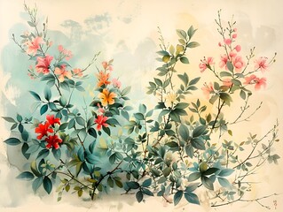 Vintage botanical garden sketch, detailed foliage, soft pastels and ink, airy ambiance, artist’s signature 