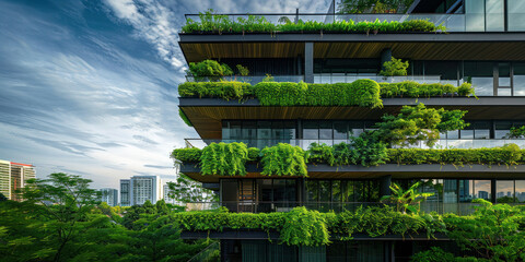 Modern urban apartment building with lush green plants adorning the balconies and exterior walls, creating a natural oasis