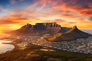 Crédence de cuisine en verre imprimé Montagne de la Table Aerial view of Table Mountain at sunset , Aerial panoramic view  cityscape at sunset, Ai generated