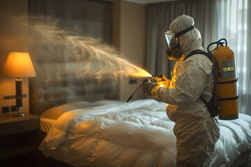 Pest control worker in a protective suit spraying a house interior