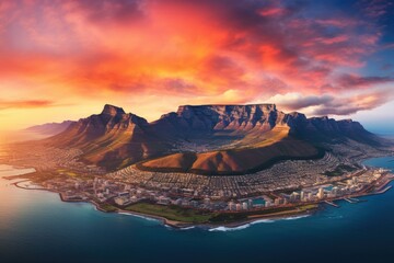 Aerial view of Table Mountain at sunset , Aerial panoramic view  cityscape at sunset, Ai generated