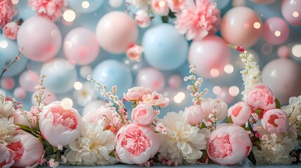 Blooming flowers and soft pink balloons harmonize gracefully against a canvas of dreamy bokeh lights, evoking a sense of serenity and charm.